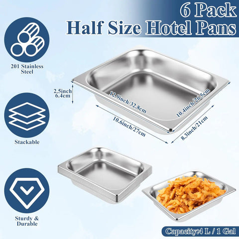 Six Pack Half Size Stainless Steel Hotel Pans 13 X 10.6 X 2.56 Inch 4.3 Quart Capacity Durable 201 Stainless Easy To Clean