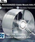 15 Inch Gable Mount Attic Fan With Adjustable Thermostat 1300 CFM Exhaust Ventilation For Home Garage Shed And Portable Buildings