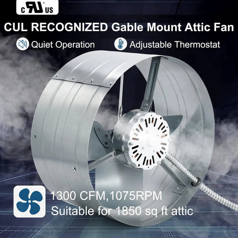 15 Inch Gable Mount Attic Fan With Adjustable Thermostat 1300 CFM Exhaust Ventilation For Home Garage Shed And Portable Buildings