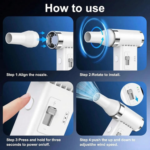Steps to use Ultra Slim Electric Air Duster With 150,000 RPM Turbo Power, Rechargeable Cordless Dust Blaster