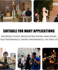Various live performance scenarios illustrating uses for 8 Channel Bluetooth Audio Mixer For Live Streams And Karaoke Professional DJ Style Mixer Board With 48V Phantom Power USB Audio Interface Multi Channel Sound Console For Podcasting Stage And Studio Recording.