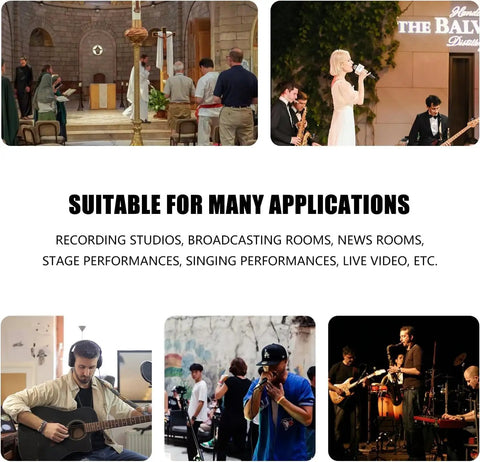 Various live performance scenarios illustrating uses for 8 Channel Bluetooth Audio Mixer For Live Streams And Karaoke Professional DJ Style Mixer Board With 48V Phantom Power USB Audio Interface Multi Channel Sound Console For Podcasting Stage And Studio Recording.