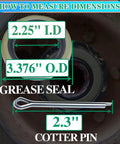 Dimensions of grease seal and cotter pin in Trailer Axle Hub Grease Seal Kit 4 Pack With Cotter Pins 2.25 Inch ID 3.376 Inch OD Fits 5200-7000 Lb EZ-Lube D42 Spindles 6/8 Lug Hubs Replaces Dexter 010-036-00 TruRyde GS-2250DL For DIYers