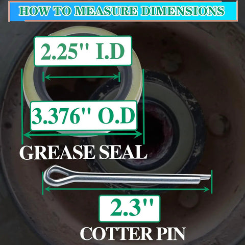 Dimensions of grease seal and cotter pin in Trailer Axle Hub Grease Seal Kit 4 Pack With Cotter Pins 2.25 Inch ID 3.376 Inch OD Fits 5200-7000 Lb EZ-Lube D42 Spindles 6/8 Lug Hubs Replaces Dexter 010-036-00 TruRyde GS-2250DL For DIYers