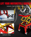 Beefy Heavy Duty Hydraulic Foot Operated Motorcycle Lift Table With 350 Lb Capacity, 15 By 11.5 Inch Platform, Scissor Lift Jack Ranging From 12 To 33.5 Inches, Four Wheel Stand For ATV And Dirt Bike in red and gold with motorcycle