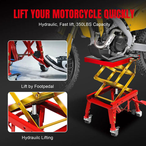 Beefy Heavy Duty Hydraulic Foot Operated Motorcycle Lift Table With 350 Lb Capacity, 15 By 11.5 Inch Platform, Scissor Lift Jack Ranging From 12 To 33.5 Inches, Four Wheel Stand For ATV And Dirt Bike in red and gold with motorcycle