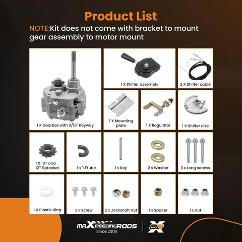 Product list for Go Kart Forward Reverse Gearbox Kit For 212cc Engines including gearbox, shifter, cables, sprockets, accessories.