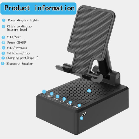 Two In One Bluetooth Speaker Phone Stand With Antislip Base And HD Surround Sound featuring buttons and charging port