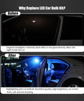 Before and after of 24 Piece Car LED Bulb Kit With T10 31mm 42mm Festoon And Dome Interior Lights Blue Replacement Bulbs For Dome Map Door Courtesy And License Plate Lights Great Upgrade For Your Ride installation in car interior