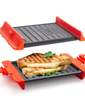 Maconee Microwave Grill For Melty Cheesy Sandwiches And Crispy Paninis with a grilled sandwich on a thermal plate.