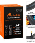 Beefy Fat Bike Inner Tubes 24 X 2.5 To 3.0 With Schrader Valve AV32mm Butyl Rubber Heavy Duty 2-Pack packaging and features