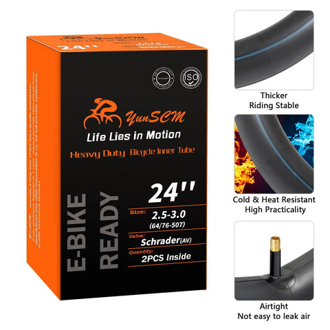 Beefy Fat Bike Inner Tubes 24 X 2.5 To 3.0 With Schrader Valve AV32mm Butyl Rubber Heavy Duty 2-Pack packaging and features