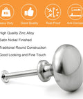 Satin Nickel Cabinet Knobs 20 Pack Single Hole Mushroom Style Round Hardware For Kitchen Cabinets Cupboards Dressers Drawers Zinc Alloy Durable Easy To Install Upgrade Your Look, showing a knob with screw and features icons.