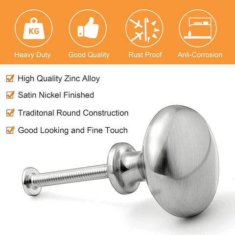 Satin Nickel Cabinet Knobs 20 Pack Single Hole Mushroom Style Round Hardware For Kitchen Cabinets Cupboards Dressers Drawers Zinc Alloy Durable Easy To Install Upgrade Your Look, showing a knob with screw and features icons.