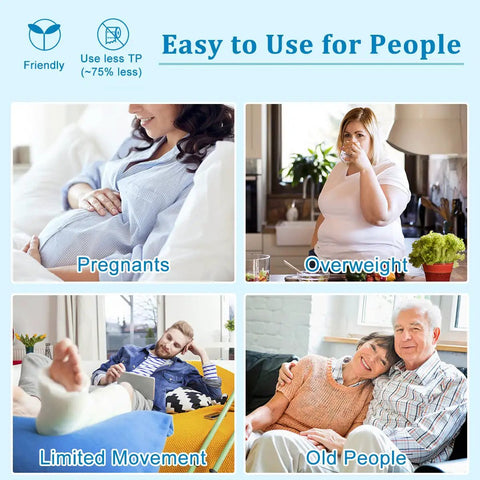 Image showing pregnant woman, overweight individual, person with limited movement, and elderly couple using Ultra Slim Dual Nozzle Bidet Attachment For Toilet With Adjustable Water Pressure Non Electric Fresh Cold Water Seat Attachment For Feminine And Posterior Wash No Fuss Easy Install Black indicating ease of use for various users.