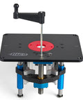 Front view of Precision Router Lift For Router Table System With Heavy Duty Plate Insert That Will Not Sag Built For Quick Accurate And Repeatable Setups Smooth Above Table Adjustments And Durable Aluminum Plate