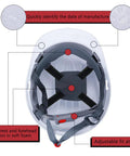 Interior view of white ABS construction hard hat showing 4 point suspension system with adjustable ratchet and cotton brow pad, part of 20 Pack 4 Point Suspension ABS Hard Hats With Ratchet Adjustable Fit For Construction, Vented Design, Cotton Brow Pad, White Bulk Safety Helmets For Men On Job Site Protection.