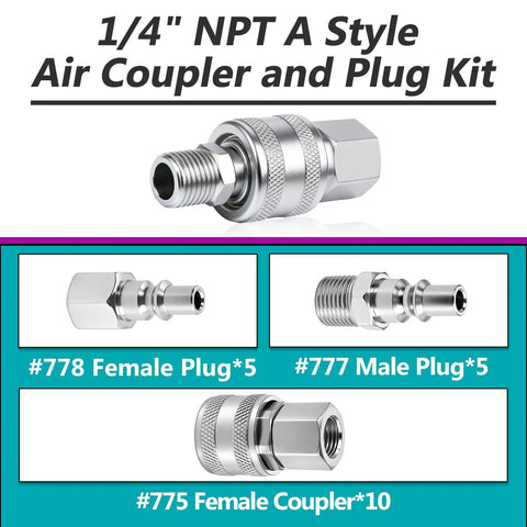 One Quarter Inch NPT A Style Coupler And Plug Kit With Ten S775 Female Couplers Five 777 Male Plugs And Five 778 Female Plugs shown