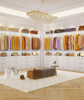 Modular Walk In Closet System with 4 Sets Extending 8 to 21 Feet Including 12 Spacious Drawers 8 Adjustable Hanging Rods 4 Shelves in Tough White Wood for a Custom Home Organization Setup Keeping Your Threads Organized and Ready to Go. Spacious closet with organized clothing, drawers, and stylish accessories.