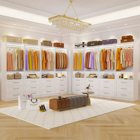 Modular Walk In Closet System with 4 Sets Extending 8 to 21 Feet Including 12 Spacious Drawers 8 Adjustable Hanging Rods 4 Shelves in Tough White Wood for a Custom Home Organization Setup Keeping Your Threads Organized and Ready to Go. Spacious closet with organized clothing, drawers, and stylish accessories.