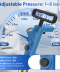 Close-up of Straight Up High Pressure Toilet Plunger With Real Time Gauge showing adjustable pressure from 1 to 8 bar.