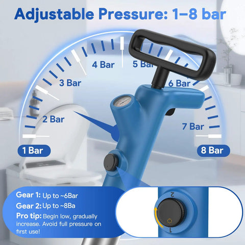 Close-up of Straight Up High Pressure Toilet Plunger With Real Time Gauge showing adjustable pressure from 1 to 8 bar.