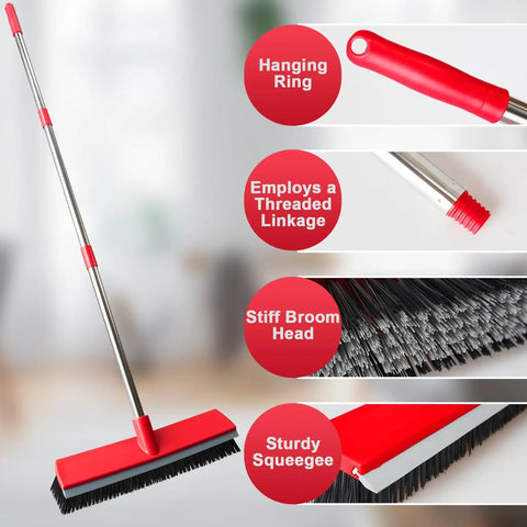 Heavy Duty 16.5 Inch Push Broom With 51 Inch Long Handle For Patio Garage Deck Tile And Concrete Floors Cleaning, dual scrub brush, squeegee.