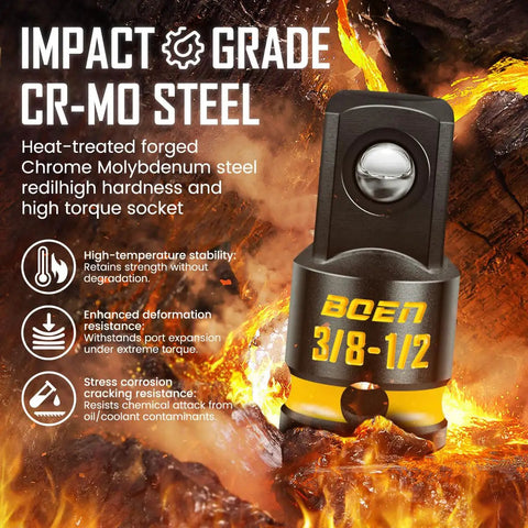 CR-MO steel 2 Pack 3/8 F to 1/2 M Impact Socket Adapters, 3/8 Drive, with deep yellow embossed markings, in heated environment.