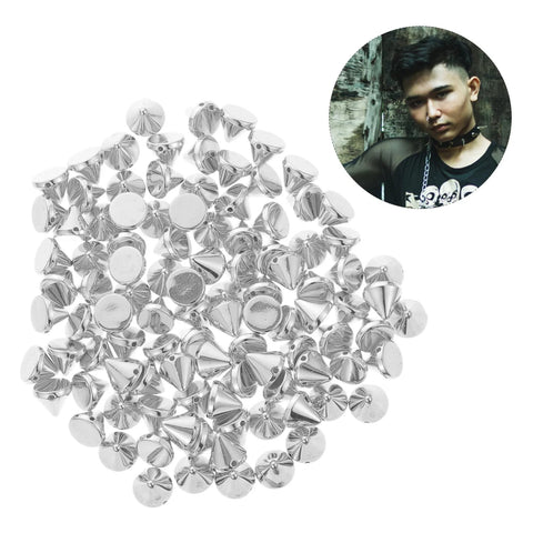 Plastic cone spikes and studs; close-up of silver plastic pieces for jackets; DIY rivet embellishments