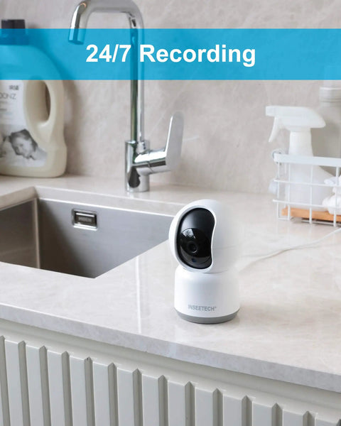 4MP Wireless Indoor Security Camera for Busy Homes with 355 Degree Pan and 90 Degree Tilt on kitchen counter