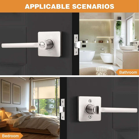 Privacy Door Handle Set For Interior Doors Heavy Duty Square Lever In Brushed Nickel Finish With Reversible Keyless Privacy Function For Bedroom And Bathroom No Fuss 1 Pack installed in bedroom and bathroom doors.