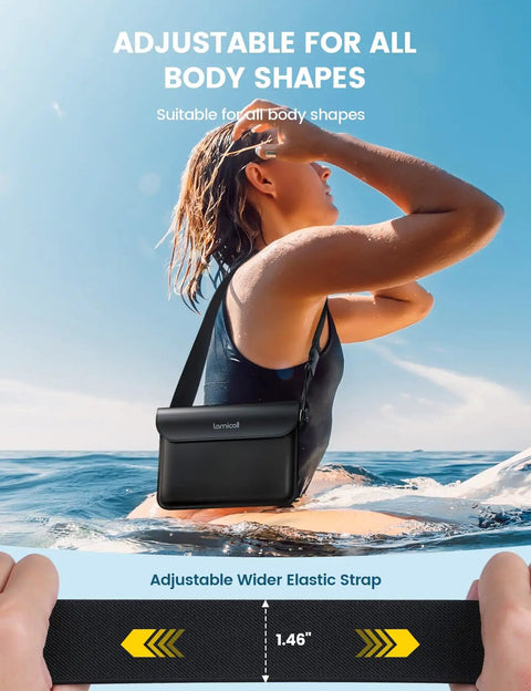 Person wearing Waterproof Fanny Pack Dry Bag Two Pack For Beach Pool Snorkeling And Kayaking with wider elastic strap in water.