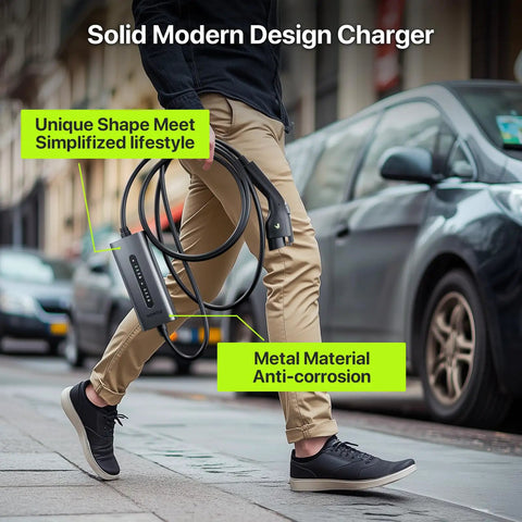 Level 2 Electric Vehicle Charger 40 Amp 9.6 Kw J1772 Connector Wall Mount Bracket Portable Bag user walking with charger.