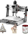 Genmitsu 3020-PRO MAX V2 CNC router, front view on aluminum frame; 11.8x8.1x3.1 in work area; 3 Christmas decorations.