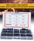 380 Pcs Self Tapping Screws Kit With Washer open case showing various black carbon steel screws for metal and wood