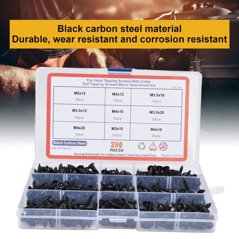 380 Pcs Self Tapping Screws Kit With Washer open case showing various black carbon steel screws for metal and wood
