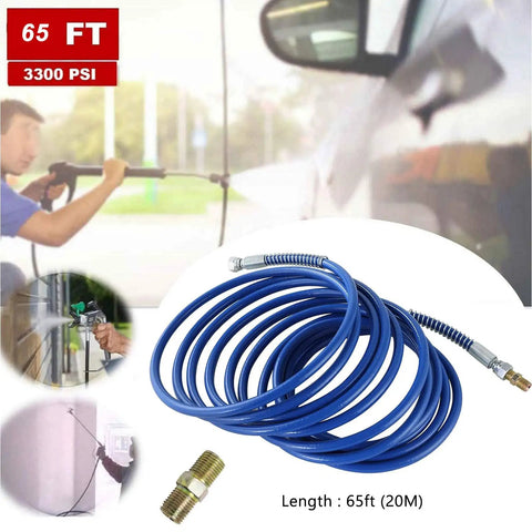 Blue Airless Paint Spray Hose With Flexible Fiber Tube 65 Ft Long coiled beside paint sprayers, lightweight and durable design