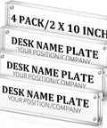 Set of four 4 Pack Clear Acrylic Desk Name Plates, 10 x 2 inches, double-sided with magnet frame for office decor.