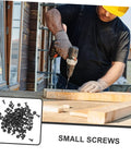 Person using a drill with Straight Up Kickass 100 Pack Miniature Metal Furniture Screws for cabinet assembly.