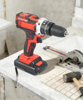 Heavy Duty Workhorse Cordless Drill And Driver Kit Featuring Two Speed Variable Trigger Plus 28 Nm Knockout Torque on a countertop.