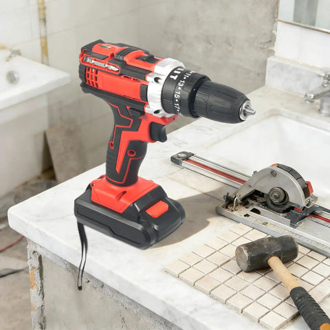 Heavy Duty Cordless Power Drill Featuring Variable Speed Trigger And Slick Ergonomic Handle Includes Plug And Play 1200 Mah Battery on a work surface.