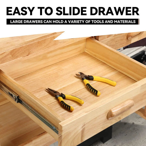 Open drawer of 60 Inch Heavy Duty Wood Workbench With Storage, showing pliers on durable wood surface.