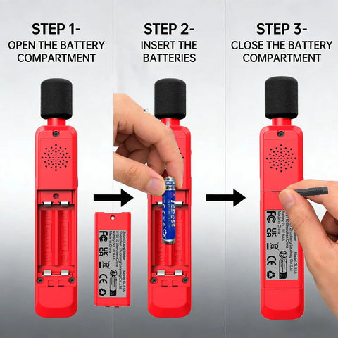 Real Talk Noise Meter For Home, Workshop And Studio Use With 30 To 130 dB Range, A Weighted Sound Profile, Clear LCD Backlit Display, Max Min Data Retention, Auto Power Off, 1.5 dB Accuracy, Super Easy Read, And User Friendly. Rear battery compartment open, insert AAA batteries, then close.