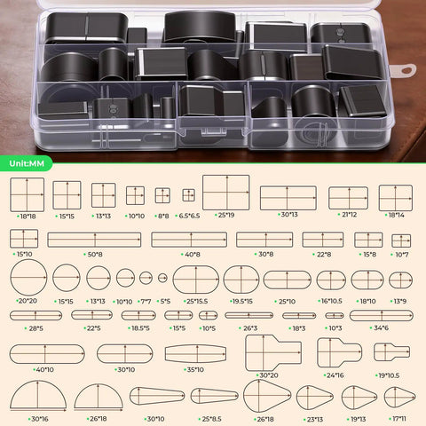 52 Shape Hole Punch Die Set For Leather And Fabric Crafts in storage case with 52 multi-shape dies including circles, squares, ovals.