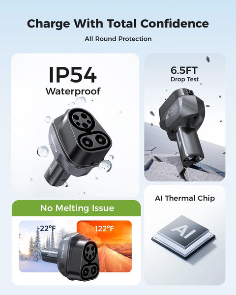 Heavy Duty Ccs To Nacs Electric Vehicle Charging Adapter Snags Up To 250 Kilowatt Dc Fast Charge For Tesla Model Y Cybertruck showing IP54 waterproof feature.