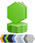 Pro Level Hexagon Acoustic Panels Featuring Rock Solid Self Adhesive Backing Bringing Killer Sound Dampening stacked in green with color options.