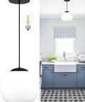 8 Inch Milk Glass Globe Pendant Light With Adjustable 60 Inch Cord Black Industrial Ceiling Fixture for Kitchen Island