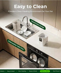 Slick Dual Pet Feeder For Cats And Dogs With Slow Feed Dispenser Programmable Timer Handles Six Meals Daily in a clean kitchen sink.