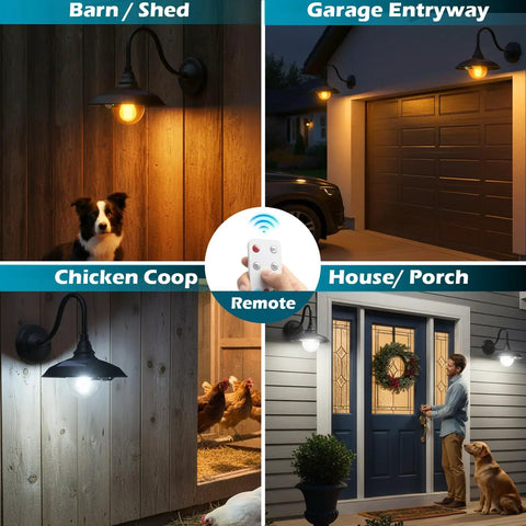 Solar Powered Outdoor Barn Light With Remote And Motion Sensor Aluminum Gooseneck Wall Light on barn, garage, chicken coop, porch