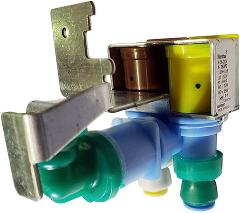 Close-up of Go-To Replacement Genuine OEM Robertshaw Dual Water Inlet Valve for Refrigerators, metal bracket and solenoids visible.